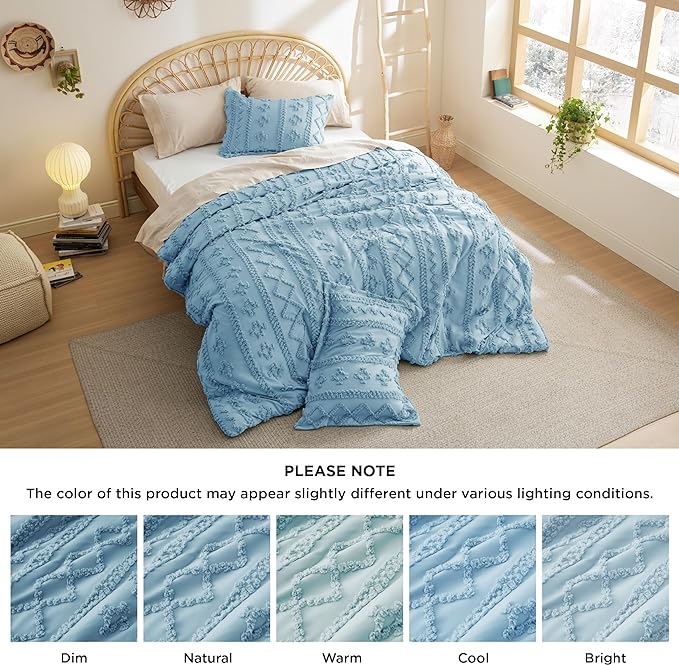 Bedsure Tufted Boho Comforter Set Full - Dusty Blue Boho Bedding Comforter Set, 3 Pieces Farmhouse Shabby Chic Embroidery Bed Set, Soft Jacquard Comforter for All Seasons - LeafyLoom