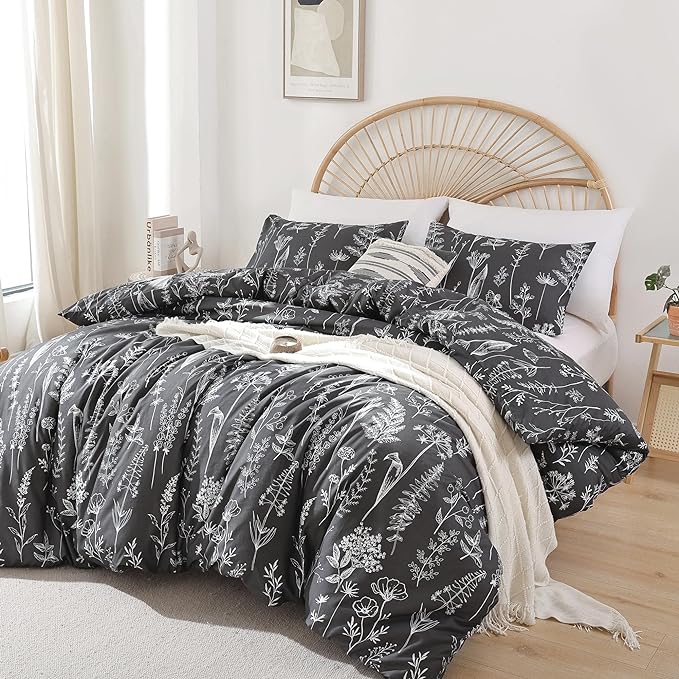 JANZAA Comforter Set Full Size Dark Grey Comforter set Floral Comforter with 2 Pillow Cases Fluffy Microfiber Comforter Set for All Season Using Soft Boho Comforter Set - LeafyLoom