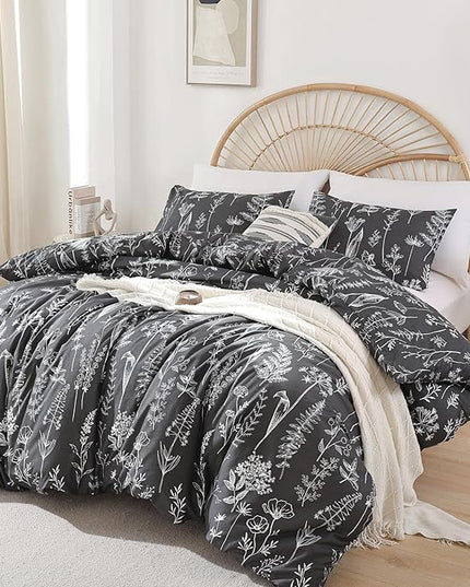 JANZAA Queen Comforter Set Dark Grey Comforter set Floral Comforter with 2 Pillow Cases Fluffy Microfiber Comforter Set for All Season Using Soft Comforter Set Boho - LeafyLoom