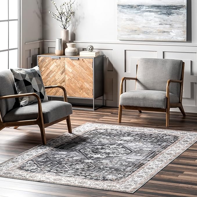 nuLOOM Devin Machine Washable Vintage Medallion Ultra Thin Area Rug, 8' x 10', Charcoal - LeafyLoom