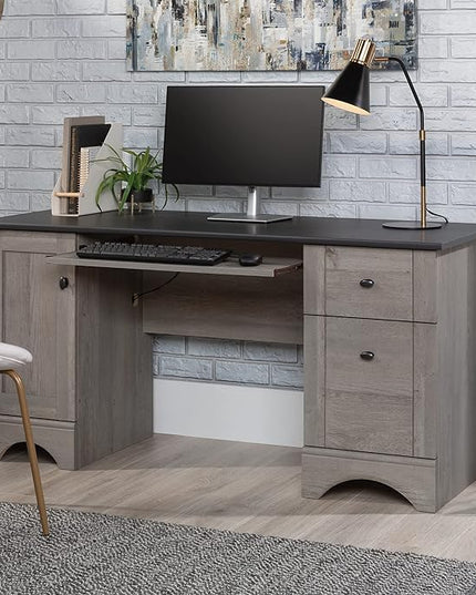 Sauder Miscellaneous Office Computer Desk with Drawers, L: 59.45" x W: 23.47" x H: 29.02", Mystic Oak finish - LeafyLoom