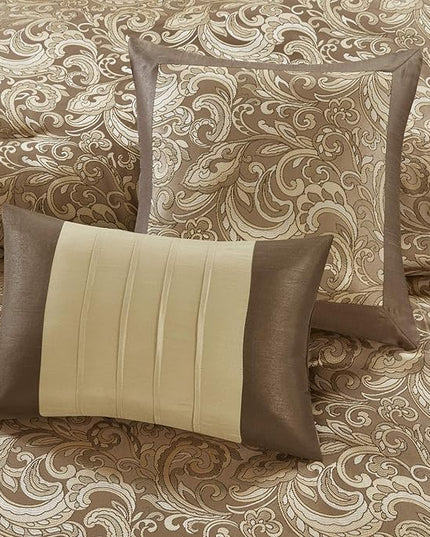 Madison Park Essentials Brystol 24 Piece Room in a Bag Faux Silk Comforter Jacquard Paisley Design Matching Curtains Down Alternative Hypoallergenic All Season Bedding-Set, King(104"x92"), Brown - LeafyLoom