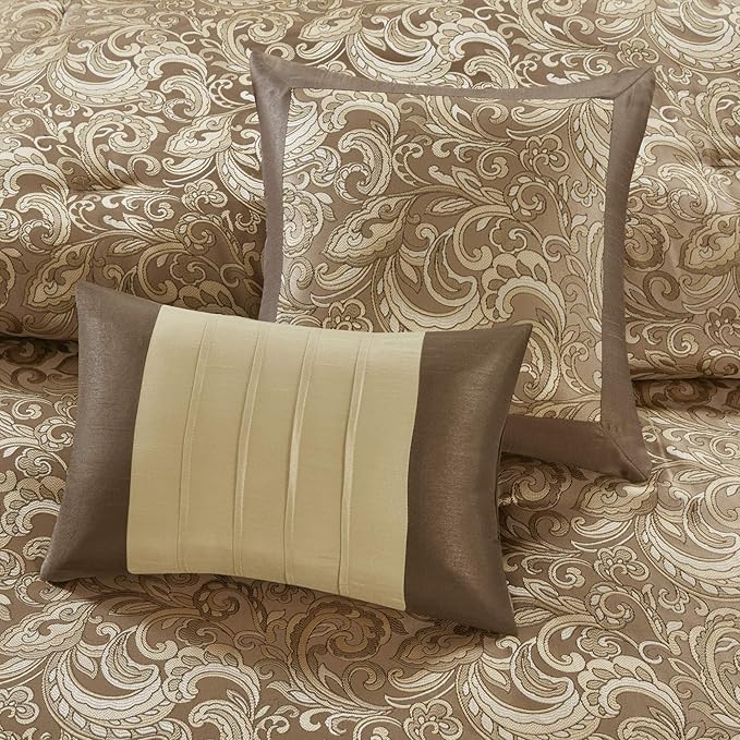 Madison Park Essentials Brystol 24 Piece Room in a Bag Faux Silk Comforter Jacquard Paisley Design Matching Curtains Down Alternative Hypoallergenic All Season Bedding-Set, King(104"x92"), Brown - LeafyLoom