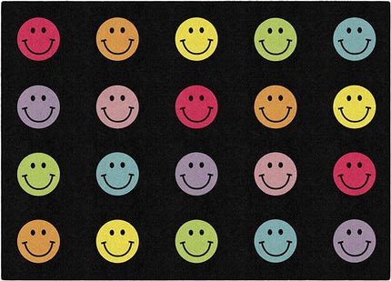 Flagship Carpets Schoolgirl Style Rainbow Smileys in Black Criss-Cross Applesauce Educational Area Rug for Kids Room, Children's Classroom for Teaching and Playroom, 5' x 7'6", Black & Multi, Seats 20 - LeafyLoom