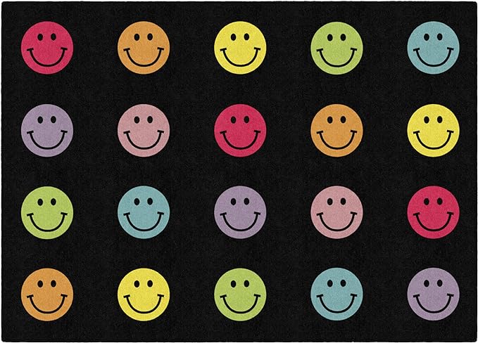 Flagship Carpets Schoolgirl Style Rainbow Smileys in Black Criss-Cross Applesauce Educational Area Rug for Kids Room, Children's Classroom for Teaching and Playroom, 5' x 7'6", Black & Multi, Seats 20 - LeafyLoom