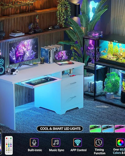 Reversible Computer Desk with File Drawers, 55 Inch Office Desk with RGB LED Light and Power Outlet, Sturdy Writing Desk with Keyboard Tray, Modern Study Table for Workstation Bedroom, White - LeafyLoom