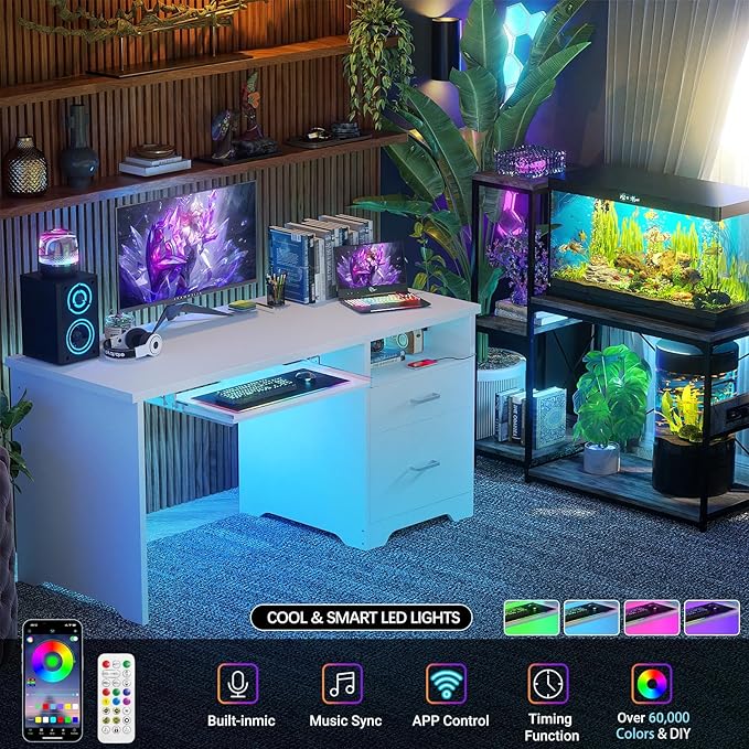 Reversible Computer Desk with File Drawers, 55 Inch Office Desk with RGB LED Light and Power Outlet, Sturdy Writing Desk with Keyboard Tray, Modern Study Table for Workstation Bedroom, White - LeafyLoom