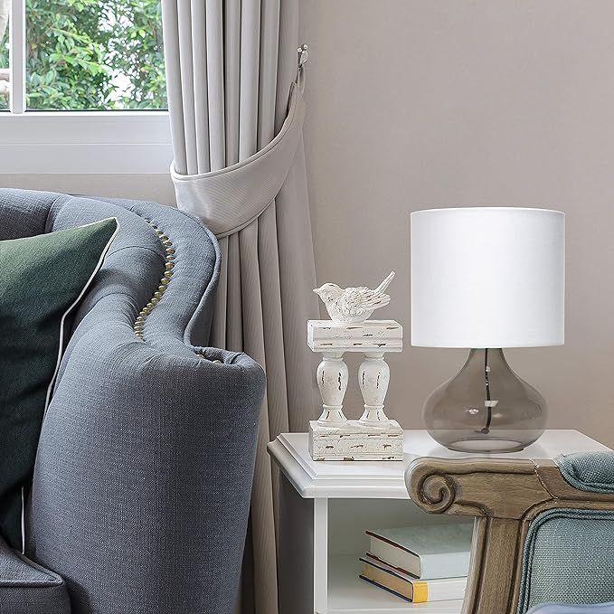 Simple Designs LT2063-SMW Small Glass Raindrop Bedside Table Lamp with White Fabric Shade, Smoke Gray - LeafyLoom