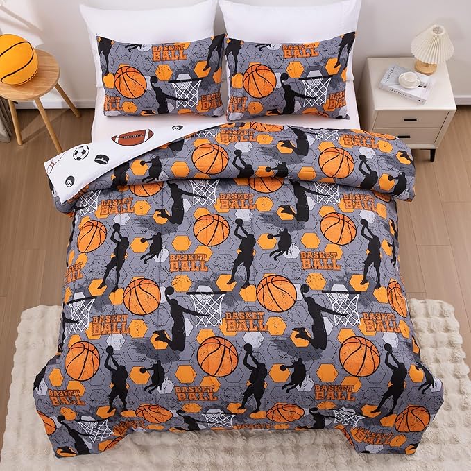 Btargot 3 Piece Grey Geometric Basketball Comforter Set Twin for Boys Teens, 3D Sports Bedding,Soft Microfiber Reversible Quilt with 2 Matching Pillow Shams, Yellow - LeafyLoom