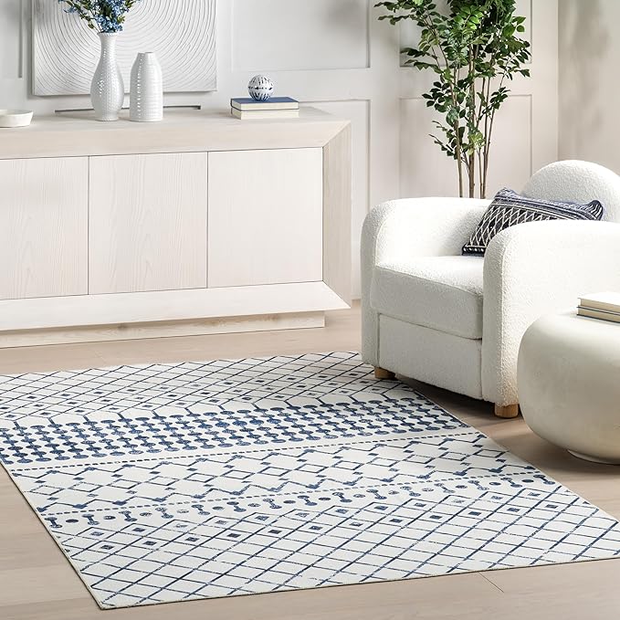 nuLOOM Moroccan Blythe Machine Washable Ultra Thin Area Rug, 8' x 10', Blue - LeafyLoom