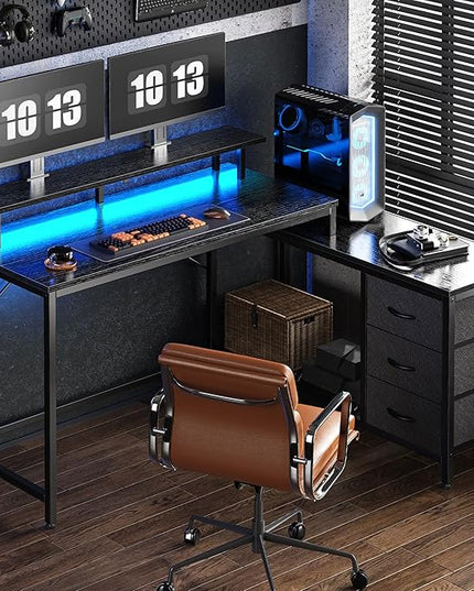 Reversible L Shaped Computer Desk with Drawers, Gaming Desk with LED Lights and Power Outlets, Office Desk with Storage Shelves, for Home & Office, Black - LeafyLoom