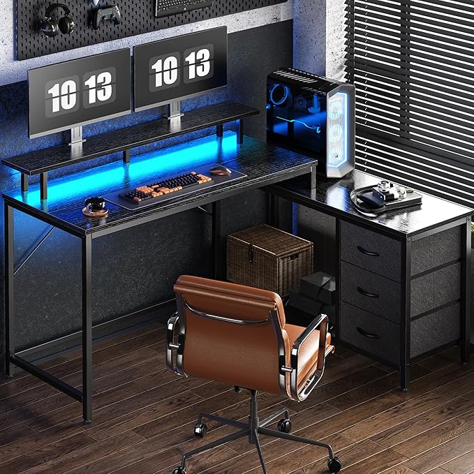 Reversible L Shaped Computer Desk with Drawers, Gaming Desk with LED Lights and Power Outlets, Office Desk with Storage Shelves, for Home & Office, Black - LeafyLoom