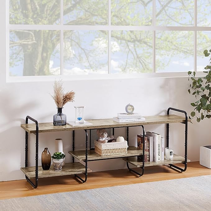 VECELO, Entertainment Center/Media Console Table with Adjustable Storage Shelves for Living Room/Bedroom, 65 inch TV Stand, Grey - LeafyLoom