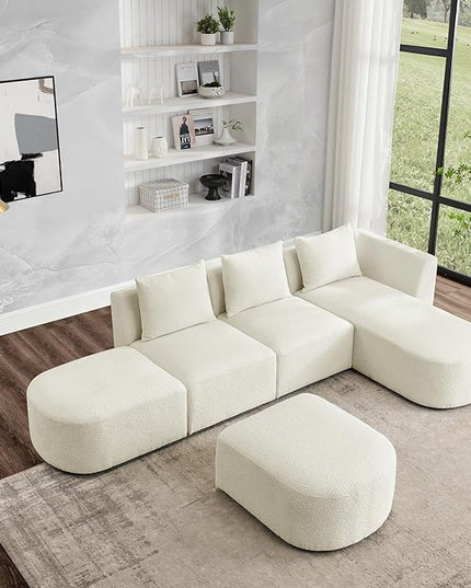 L Shape Sectional Sofa with Right Side Chaise and Removable Ottoman, Upholstered Modular Couch w/Pillows for Living Room, Office, DIY Combination, Loop Yarn Fabric, Beige, 113" - LeafyLoom