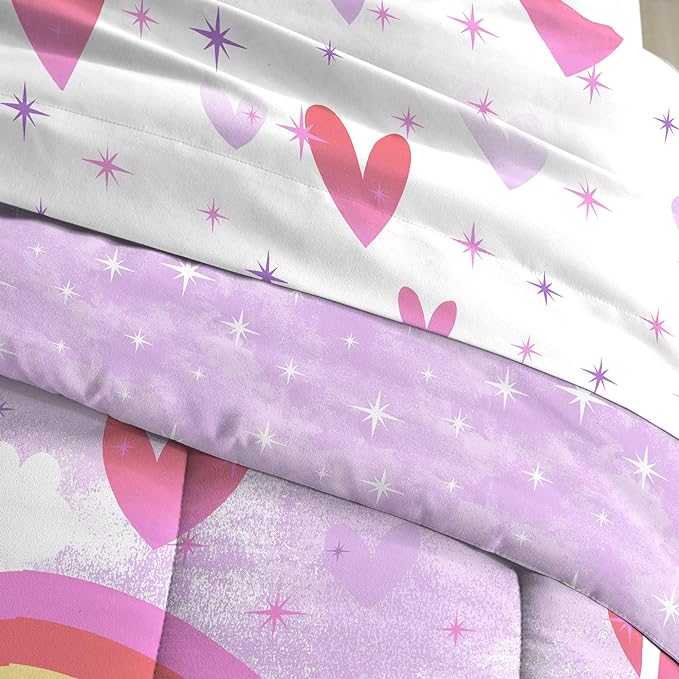 dream FACTORY Kids 7-Piece Complete Set Easy-Wash Super Soft Microfiber Comforter Bedding, Full, Purple Unicorn Rainbow - LeafyLoom