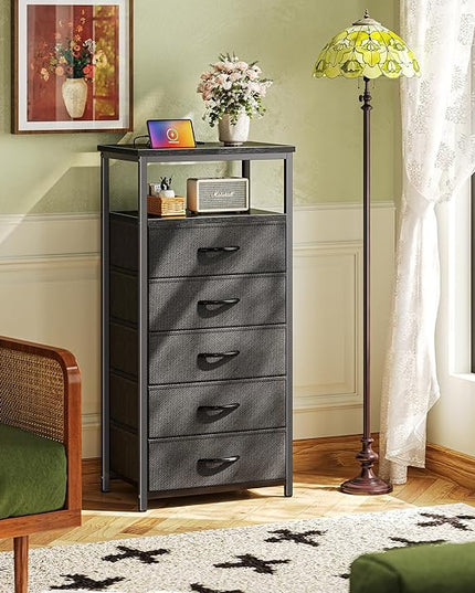 5 Drawers Dresser with Charging Station, Dresser for Bedroom, Tall Night Stand, Chest of Drawers with Open Shelf, Bedside Table Nightstand, Fabric Dresser Storage Drawers, for Entryway, Black - LeafyLoom