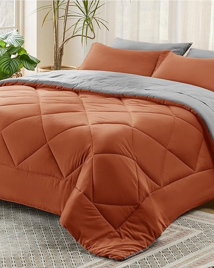 Bedsure Burnt Orange Queen Comforter Set - 7 Pieces Reversible Queen Bed in a Bag Queen Bed Set with Comforters, Sheets, Pillowcases & Shams, Queen Bedding Sets - LeafyLoom
