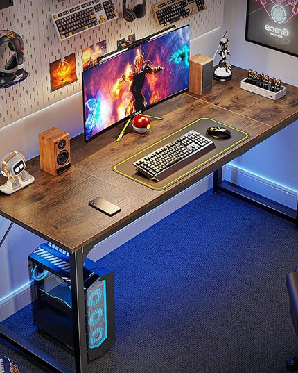 Computer Desk, 63 Inch Office Desk, Gaming Desk with Storage, Writing Desk Work Desk for Home Office, Study, Modern Simple Desk, Large Legroom, Metal Frame, Rustic Brown - LeafyLoom