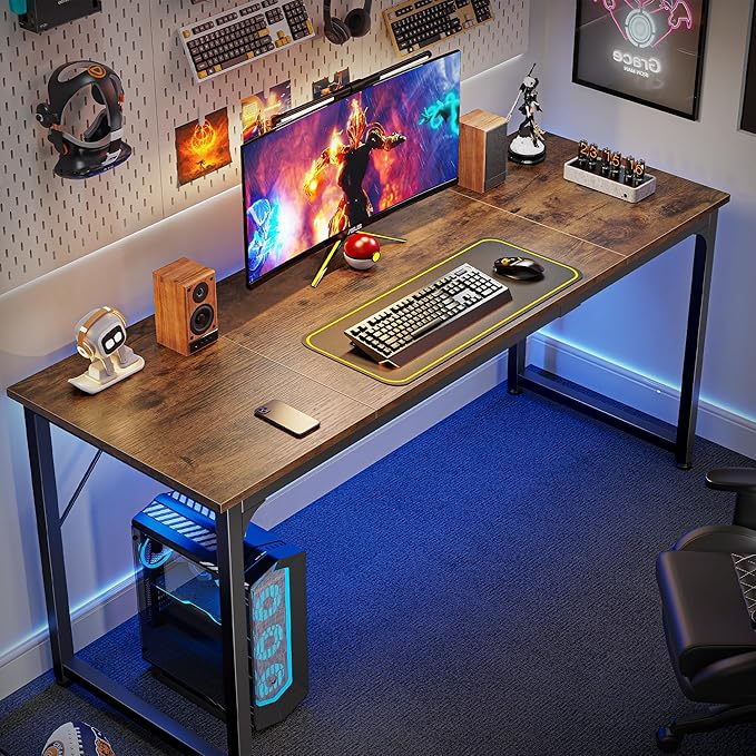 Computer Desk, 63 Inch Office Desk, Gaming Desk with Storage, Writing Desk Work Desk for Home Office, Study, Modern Simple Desk, Large Legroom, Metal Frame, Rustic Brown - LeafyLoom