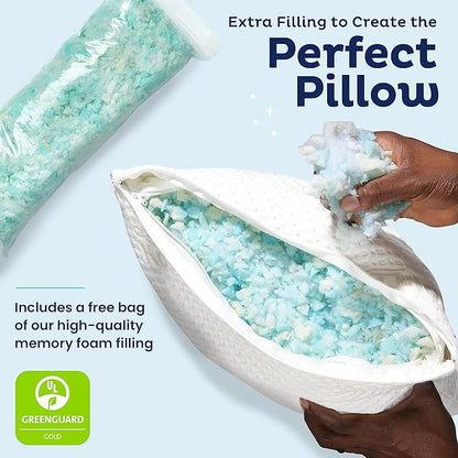 Snuggle-Pedic Adjustable Cooling Pillow - Shredded Memory Foam Pillows for Side, Stomach & Back Sleepers - Fluffy or Firm - Keeps Shape - College Dorm Room Essentials for Girls and Guys - King - LeafyLoom