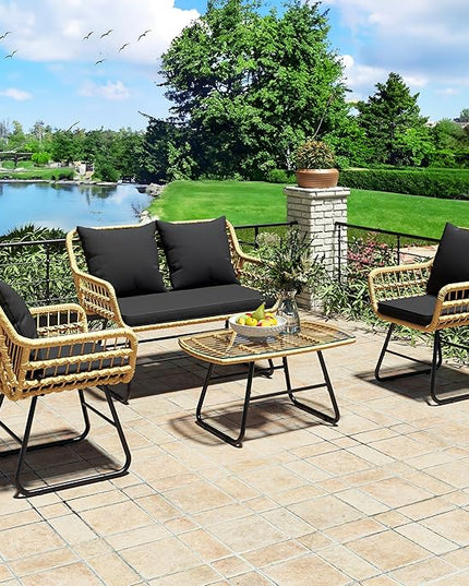 YITAHOME Patio Furniture Wicker Outdoor Bistro Set, 4-Piece All Weather Patio Furniture Rattan Conversation Loveseat Sets for Backyard, Balcony and Deck, Light Brown+Black - LeafyLoom