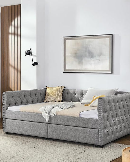 RITSU Full Size Upholstered Daybed, Pull Out with Two Storage Drawers, Solid Wood Frame Sofa Bed, Tufted Buttons and Copper Nails On Square Arms, for Bedrooms, Apartments, 82.75, Grey-2 - LeafyLoom
