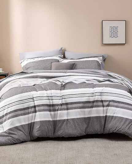 Bedsure Twin Comforter Set - 5 Pieces Grey White Striped Bedding Sets Twin Bed in A Bag with Comforters Twin Size, Sheets, Pillowcase & Sham, Bed Sets - LeafyLoom
