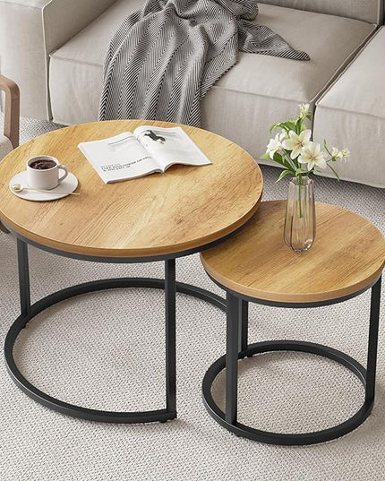 Nesting Coffee Table Set of 2, 23.6" Round Coffee Table Brown Wood with Adjustable Non-Slip Feet, Industrial End Table Side Tables for Living Room Bedroom Balcony Yard - LeafyLoom