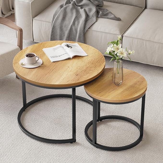 Nesting Coffee Table Set of 2, 23.6" Round Coffee Table Brown Wood with Adjustable Non-Slip Feet, Industrial End Table Side Tables for Living Room Bedroom Balcony Yard - LeafyLoom