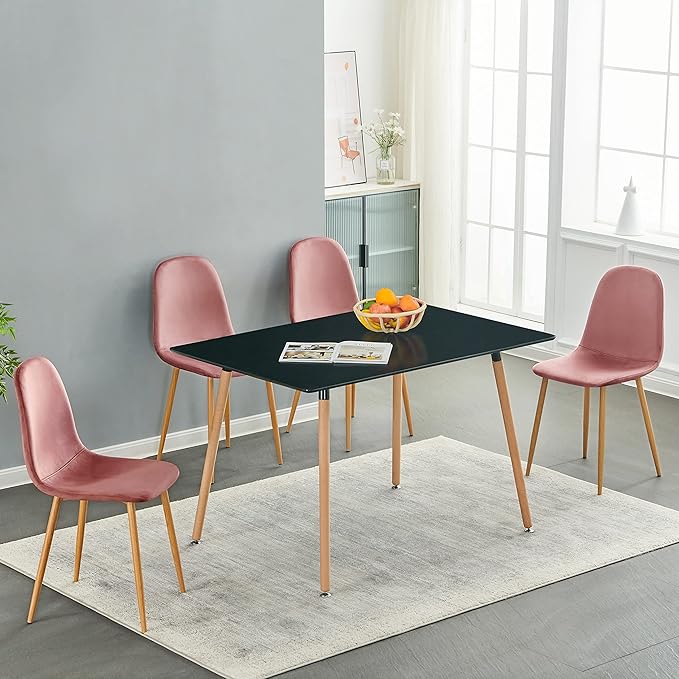 FurnitureR Dining Chairs Set of 4, Velvet Dining Room Seating Upholstered Armless Kitchen Chairs, Side Chair Mid-back with Metal Legs for Living Room Bedroom Home Office, Rose - LeafyLoom