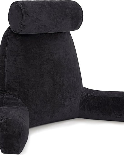Husband Pillow XXL Black Backrest with Arms - Adult Reading Pillow with Shredded Memory Foam, Ultra-Comfy Removable Microplush Cover & Detachable Neck Roll - Unmatched Support Bed Rest Sit Up Pillow - LeafyLoom