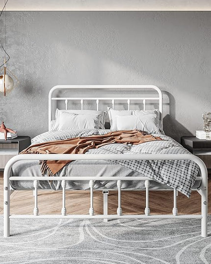 Vintage Full Size Bed Frame with Headboard and Footboard Mattress Heavy Duty Metal Platform Bed Frame Steel Slat Support (Full, White) - LeafyLoom