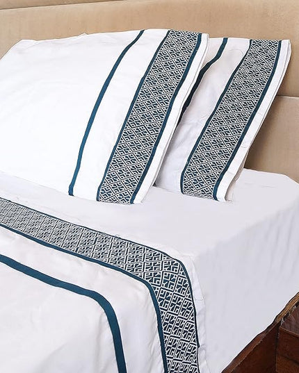 Bluemoon Homes 1000 Thread Count Sheets Queen - Egyptian Cotton Bed Sheets Queen Size Set, 100% Cotton Sheets Queen Deep Pocket, 4 Pc Solid Sheet Set, Teal Embroidered White Sheets - LeafyLoom