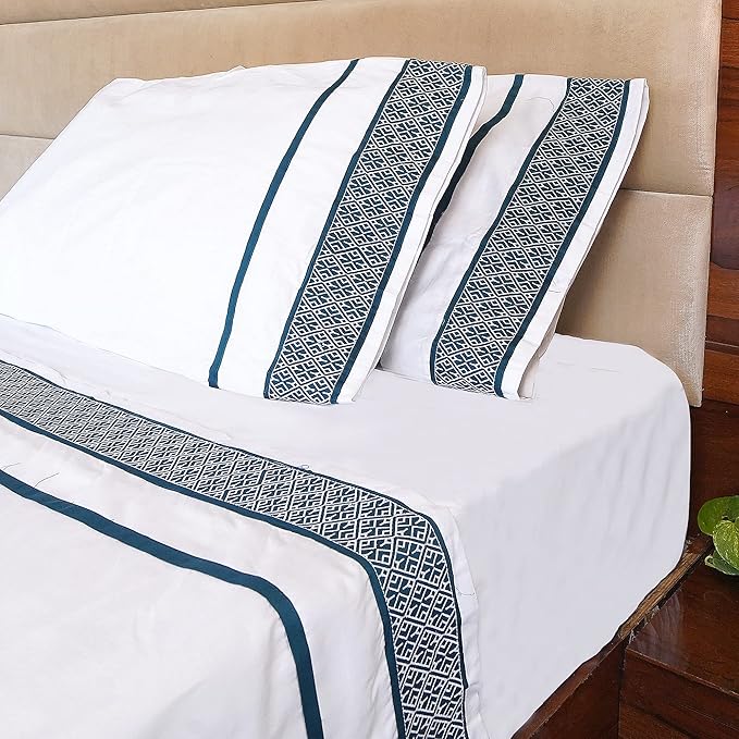 Bluemoon Homes 1000 Thread Count Sheets Queen - Egyptian Cotton Bed Sheets Queen Size Set, 100% Cotton Sheets Queen Deep Pocket, 4 Pc Solid Sheet Set, Teal Embroidered White Sheets - LeafyLoom