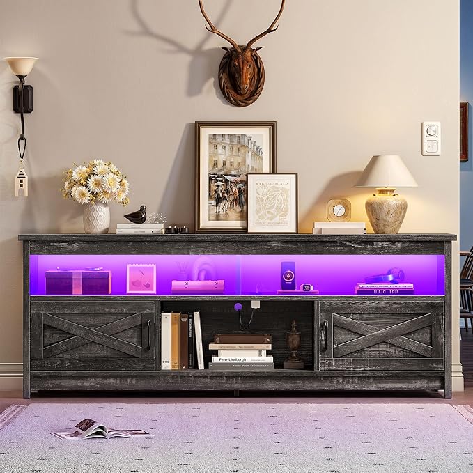 YITAHOME TV Stand with LED Light & Power Outlet, Farmhouse Media Console w/Storage Cabinets for 75 Inch TV, Rustic Entertainment Center Table TV Cabinet for Living Room, 65'' Large TV Stand, Dark Grey - LeafyLoom