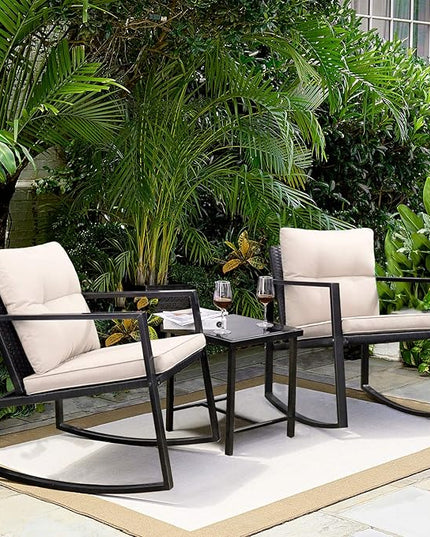 Greesum 3 Pieces Rocking Wicker Bistro Set, Patio Outdoor Furniture Conversation Sets with Porch Chairs and Glass Coffee Table, Beige - LeafyLoom