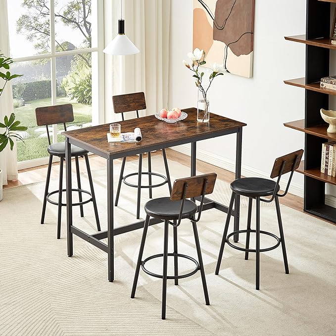 NicBex Dining Room Table Set for 4 Breakfast Nook Table Set Pub High Dining Table 5 Piece Set with 4 Pu Leather Bar Chairs for Kitchen Dining Room, Industrial Style, Rustic Brown - LeafyLoom