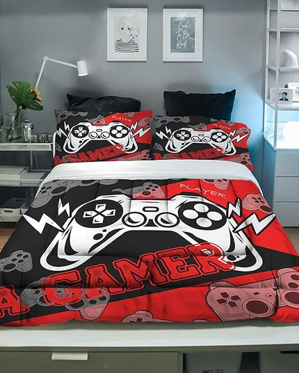 Sunnycitron Gaming Comforter Set for Boys Gamer Bedding Full Size Gamer Comforter Boys Teen Gamepad Game Bedding Kid's Comforter Set 1 Comforter with 2 Pillowcases - LeafyLoom