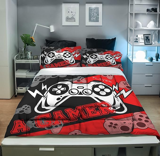 Sunnycitron Gaming Comforter Set for Boys Gamer Bedding Full Size Gamer Comforter Boys Teen Gamepad Game Bedding Kid's Comforter Set 1 Comforter with 2 Pillowcases - LeafyLoom
