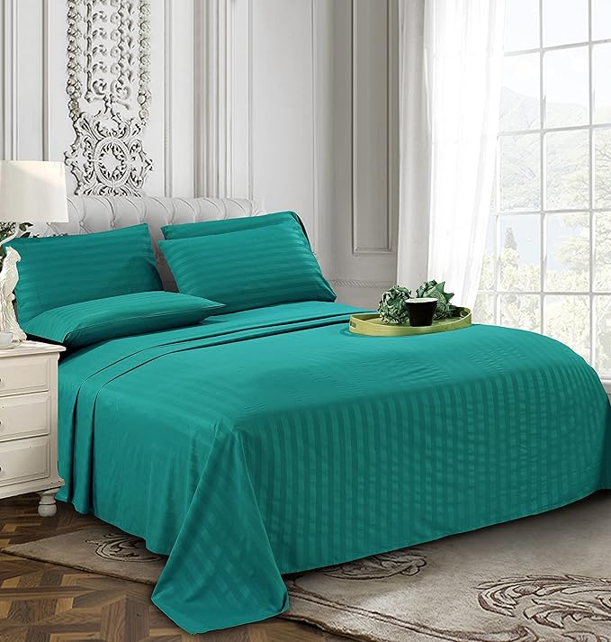 Elegant Comfort Softest and Coziest 4-Piece Sheet Set - 1500 Premium Hotel Quality Microfiber - Luxurious Wrinkle Resistant 4-Piece Damask Stripe Bed Sheet Set, Twin, Turquoise - LeafyLoom