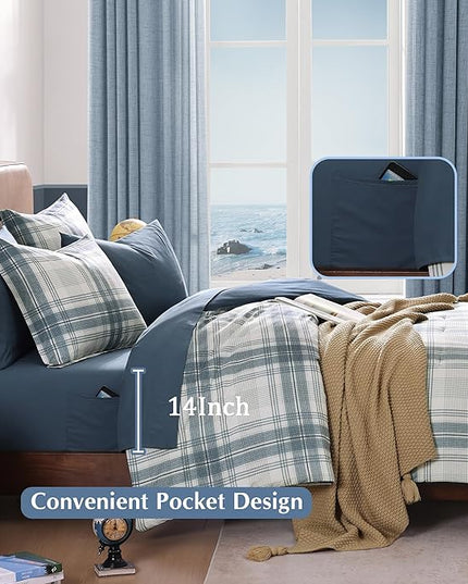 Blue Twin XL Comforter Set, Plaid Twin Comforter Set for Boys & Girls,Classic Homestead-style Twin Bed Set with Sheets and Comforter Set - LeafyLoom