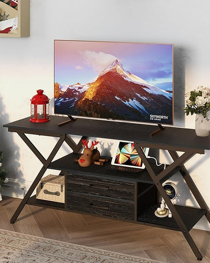 Modern 55" TV Stand with Power Outlet for TV up to 65 Inch, LED and 2 Storage Fabric Drawers, Entertainment Center with Charging Station for Living Room Bedroom (Charcoal Black) - LeafyLoom