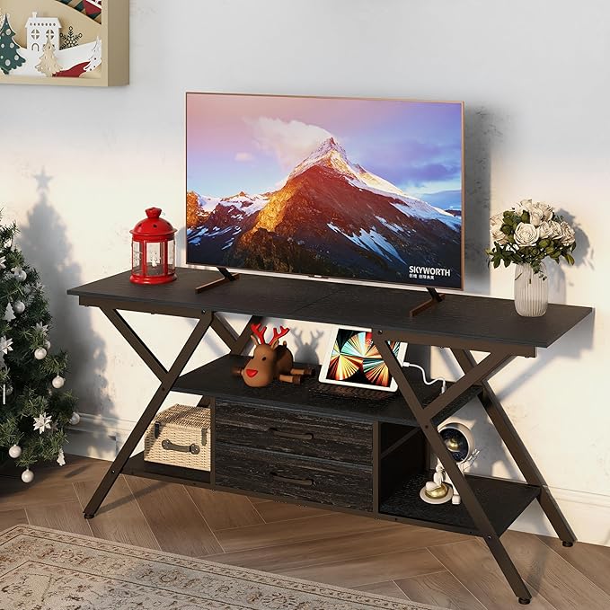 Modern 55" TV Stand with Power Outlet for TV up to 65 Inch, LED and 2 Storage Fabric Drawers, Entertainment Center with Charging Station for Living Room Bedroom (Charcoal Black) - LeafyLoom