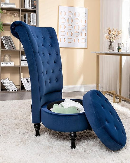 Royal High-Back Velvet Accent Chair for Vanity with Storage and Luxurious Upholstery, Retro Design and Versatile Usage for Living Room, Bedroom, Lounge and Office, Dark Blue - LeafyLoom