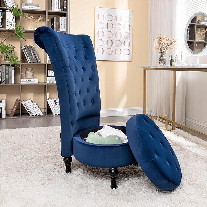 Royal High-Back Velvet Accent Chair for Vanity with Storage and Luxurious Upholstery, Retro Design and Versatile Usage for Living Room, Bedroom, Lounge and Office, Dark Blue - LeafyLoom