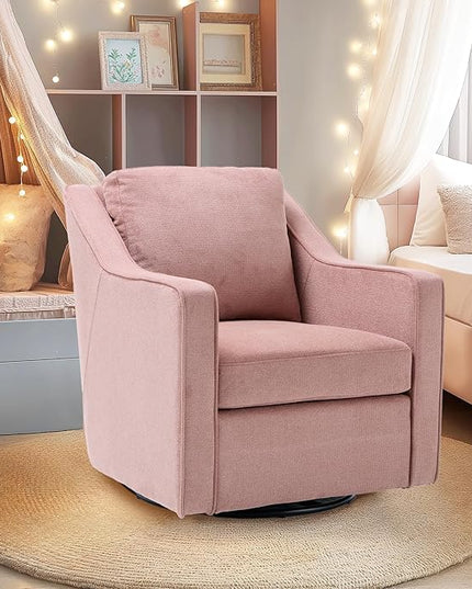 COLAMY 360° Swivel Accent Chair, Upholstered Fabric Leisure Armchair with Lumbar Pillow for Living Room Bedroom Home Office, Pink - LeafyLoom