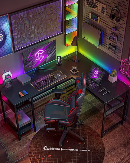 CubiCubi L Shaped Gaming Desk with Power Outlets and USB Charging Ports, 58" Reversible Corner Computer Desk with Storage Shelves and Drawer, Home Office Desk with Bookshlf, Black - LeafyLoom