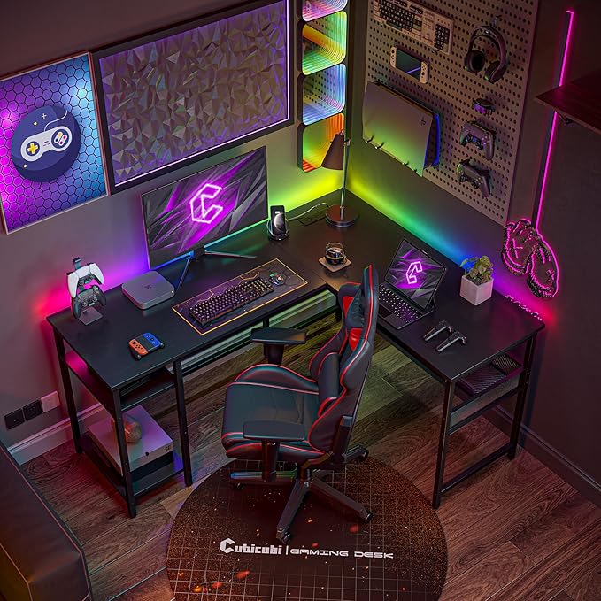 CubiCubi L Shaped Gaming Desk with Power Outlets and USB Charging Ports, 58" Reversible Corner Computer Desk with Storage Shelves and Drawer, Home Office Desk with Bookshlf, Black - LeafyLoom