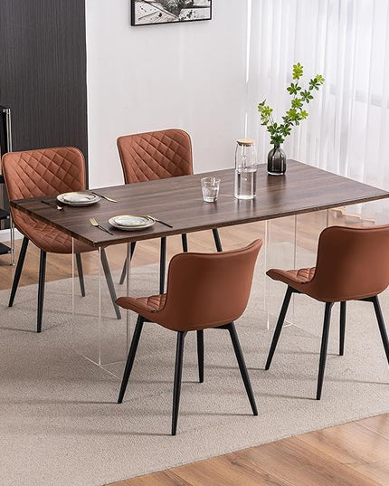 YOUTASTE Coffee Brown Dining Chairs Set of 2 Mid Century Modern PU Leather Diamond Upholstered Accent Guest Dinner Chair with Back Metal Legs for Kitchen Living Reception Waiting Room - LeafyLoom