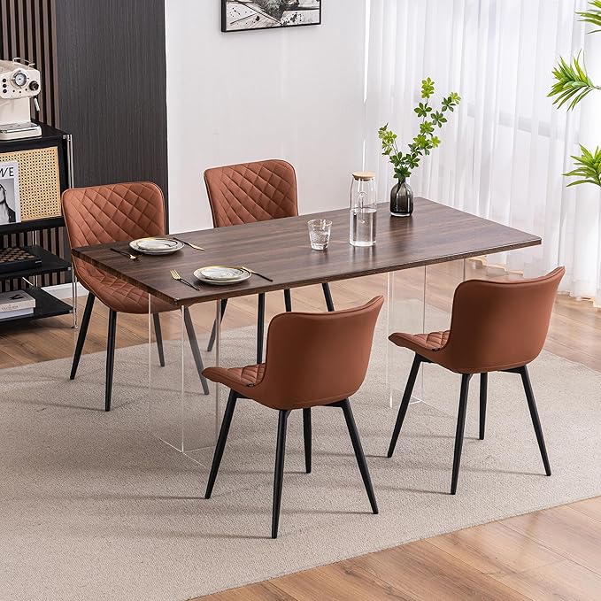 YOUTASTE Coffee Brown Dining Chairs Set of 2 Mid Century Modern PU Leather Diamond Upholstered Accent Guest Dinner Chair with Back Metal Legs for Kitchen Living Reception Waiting Room - LeafyLoom